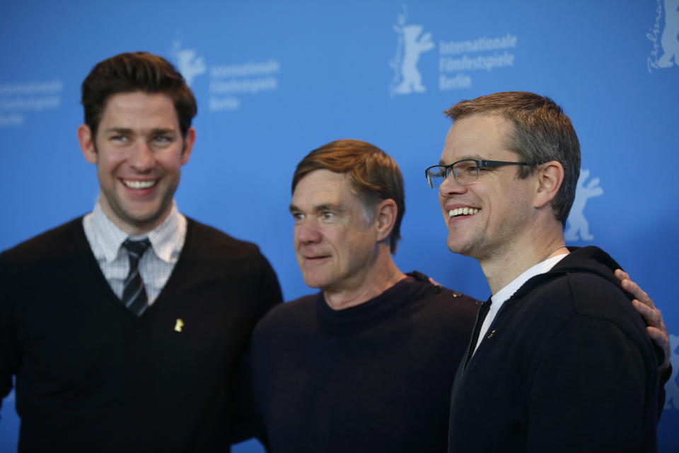 Actor John Krasinski, director Gus Van Sant and actor Matt Damon pose at the photo call for the film Promised Land at the 63rd edition of the Berlinale, International Film Festival in Berlin, Friday, Feb. 8, 2013. (AP Photo/Gero Breloer)