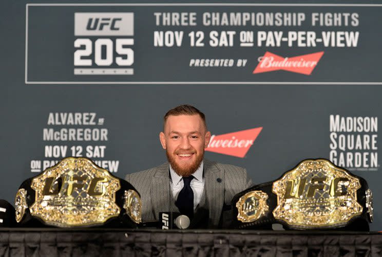 Conor McGregor may never fight in the Octagon again if he gets his wish to fight Floyd Mayweather. (Getty)