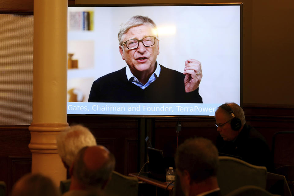 TerraPower Founder and Chairman Bill Gates speaks to the crowd in a recorded video message during the press conference Wyoming Capitol, Wednesday, June 2, 2021, in Cheyenne, Wyo., announcing efforts to advance a Natrium reactor demonstration project. "We think Natrium will be a game-changer for the energy industry," Gates said by video link to a news conference hosted by Gov. Mark Gordon. "Wyoming has been a leader in energy for over the century and we hope our investment in Natrium will help Wyoming to stay in the lead for many decades to come." (Michael Cummo/The Wyoming Tribune Eagle via AP)