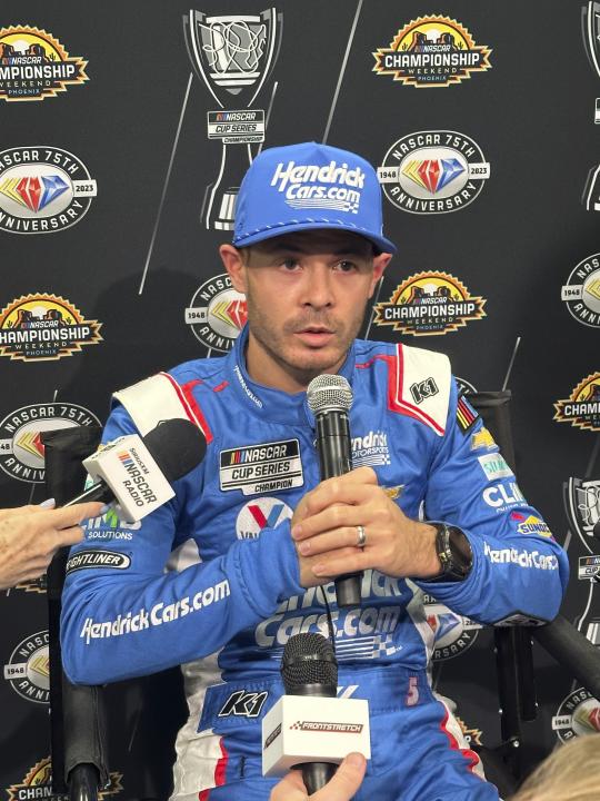 Driver Kyle Larson speaks during a news conference at Phoenix Raceway in Avondale, Ariz., Thursday, Nov. 2, 2023. NASCAR's finishes the season with the winner-take-all finale at Phoenix Raceway Sunday. (AP Photo/John Marshall)