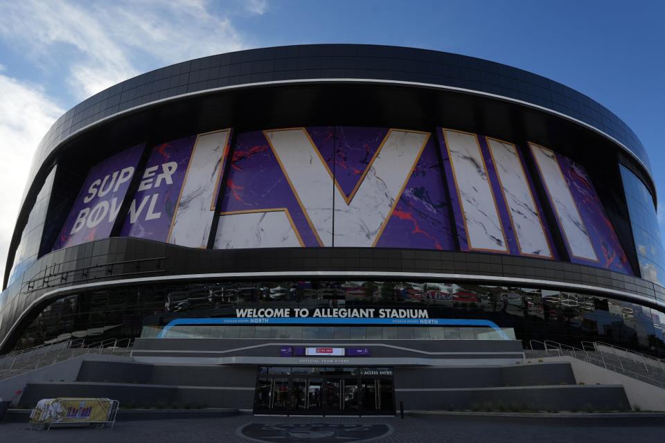 Feb 7, 2024; Las Vegas, NV, USA; The Super Bowl 58 roman numerals on the Allegiant Stadium facade. Mandatory Credit: Kirby Lee-USA TODAY Sports