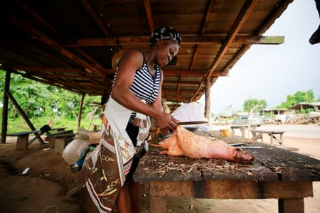 Bushmeat seller removes a spine from a brush-tailed porcupine at a market in Emure-ile, Ondo