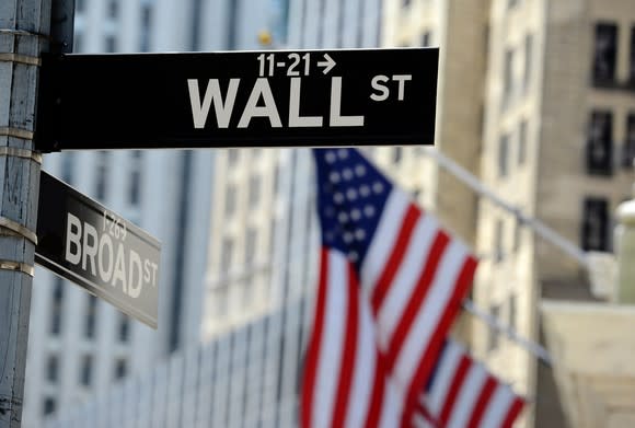 Wall Street and Broad Street signs with American flags and tall buildings in the background