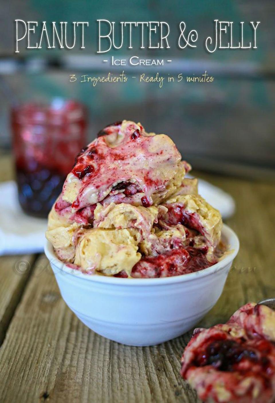 <p>Three reasons why we love this easy ice cream recipe: It only calls for three ingredients, it's dairy-free, and it can be made in five minutes. </p><p><strong>Get the recipe <a rel="nofollow noopener" href="http://www.kleinworthco.com/2014/08/peanut-butter-jelly-ice-cream.html/2" target="_blank" data-ylk="slk:Kleinworth & Co;elm:context_link;itc:0;sec:content-canvas" class="link ">Kleinworth & Co</a>.</strong></p>