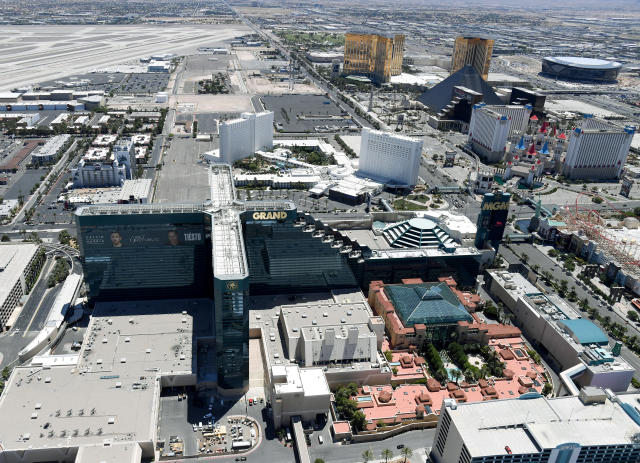 LAS VEGAS, NEVADA - MAY 21:  An aerial view shows the Las Vegas Strip including MGM Grand Hotel & Casino (front) and the Tropicana Las Vegas (C), all of which have been closed since March 17 in response to the coronavirus (COVID-19) pandemic on May 21, 2020 in Las Vegas, Nevada. It is still unclear when casinos in the state will be allowed to reopen.  (Photo by Ethan Miller/Getty Images)