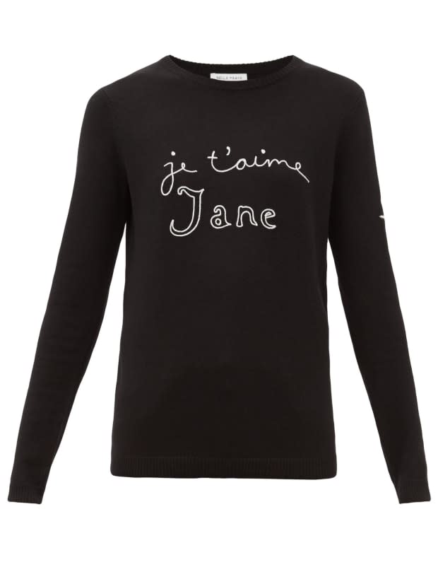 <p>Bella Freud Je t'aime Jane Sweater, $640, <a href="https://rstyle.me/+ob2EAPF3iZ6Dy99ZuhDlNw" rel="nofollow noopener" target="_blank" data-ylk="slk:available here;elm:context_link;itc:0;sec:content-canvas" class="link ">available here</a>.</p>