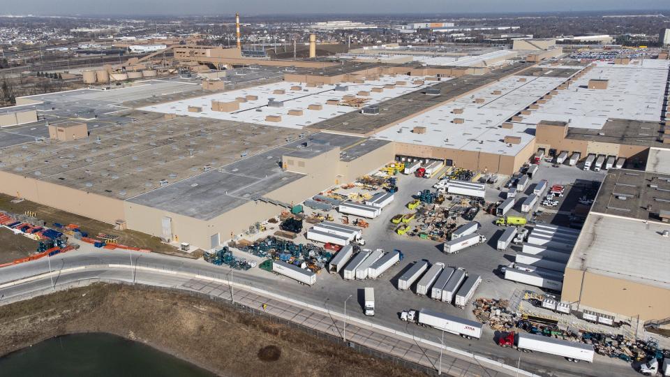 Aerial photo of the loading dock at General Motors Factory Zero plant in Detroit on Wednesday, Feb. 7, 2024.