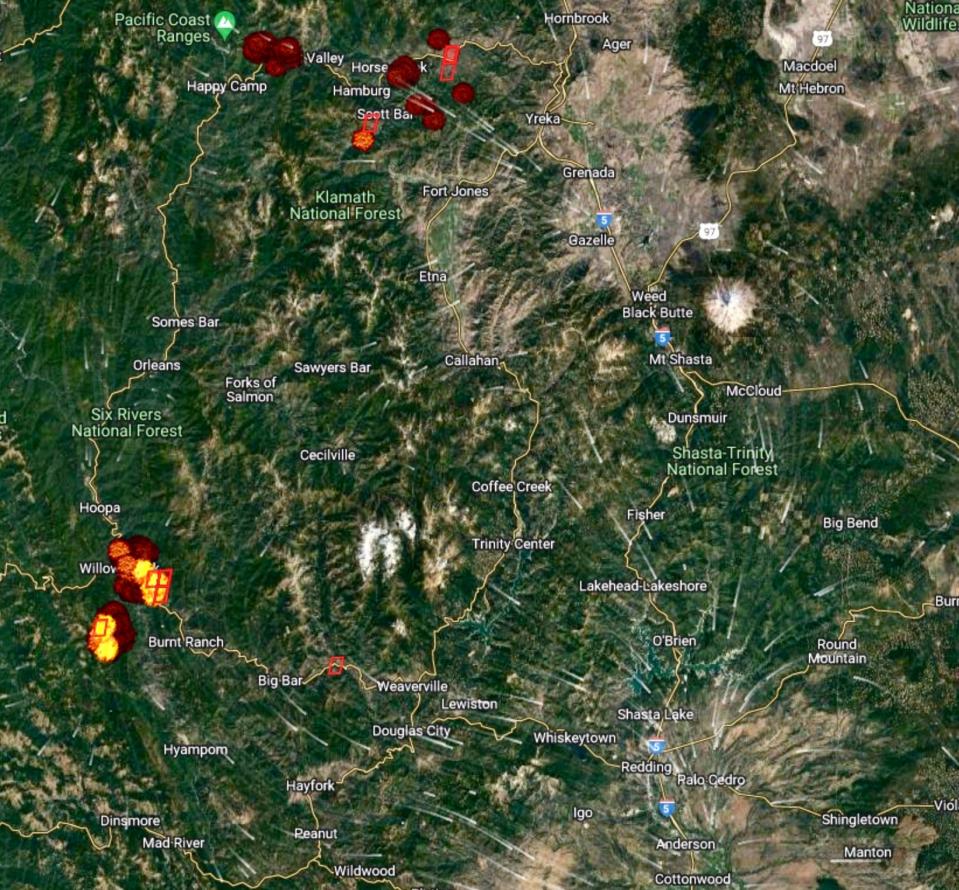 The Wildfire Viewer by Enplan shows smoke being blown into Redding and the northern Sacramento Valley from wildfires to the west and north on Saturday, Aug. 13, 2022.