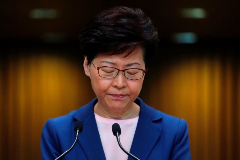 FILE PHOTO: Hong Kong Chief Executive Carrie Lam speaks to media over an extradition bill in Hong Kong