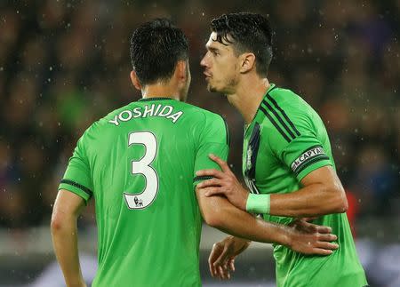 FC Midtjylland v Southampton - UEFA Europa League Qualifying Play-Off Second Leg - MCH Arena, Herning, Denmark - 27/8/15. Southampton's Graziano Pelle and Maya Yoshida. Mandatory Credit: Action Images / Matthew Childs