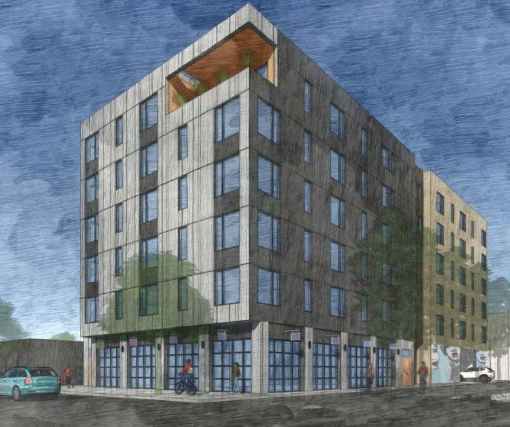 A view of The Montgomery, a proposed mixed-development housing project with both income-based and market-rate units, from East 11th Avenue and Oak Alley in downtown Eugene.