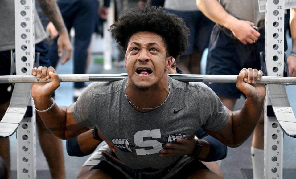 Penn State wide receiver Jason Estrella lifts during a winter workout session on Thursday, Feb. 29, 2024. Abby Drey/adrey@centredaily.com