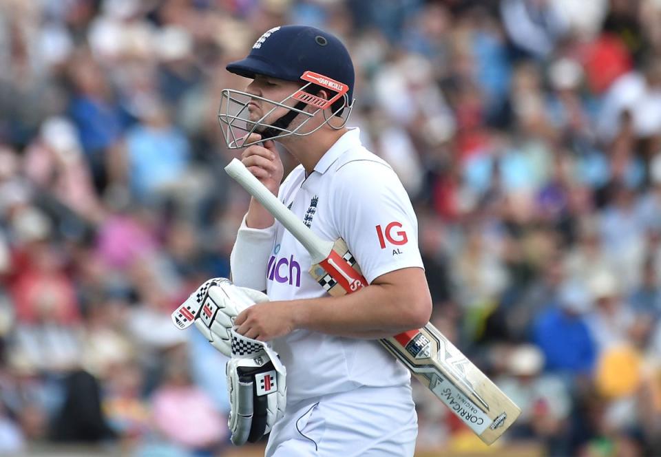 Alex Lees walks off the field after losing his wicket (AP)