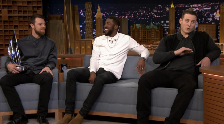 Cubs players Ben Zobrist, Dexter Fowler, and Anthony Rizzo talk to Jimmy Fallon on The Tonight Show. (NBC.com)