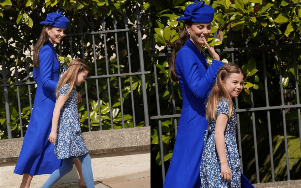 夏綠蒂公主發現媽媽凱特王妃微笑與群眾打招呼，也露出甜笑。（AFP、路透社）