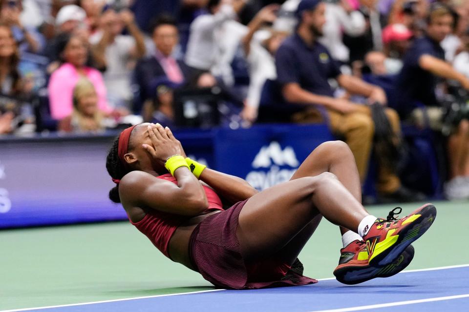 American tennis star Coco Gauff, 19, celebrates winning the U.S. Open over Aryna Sabalenka Saturday. Gauff lost the first set by rallied to win the third 6-2 to capture her first major.