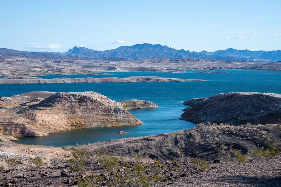 The shoreline changes as water recedes at Lake Mead in this photo from early February, 2023. (Duncan Phenix / KLAS)