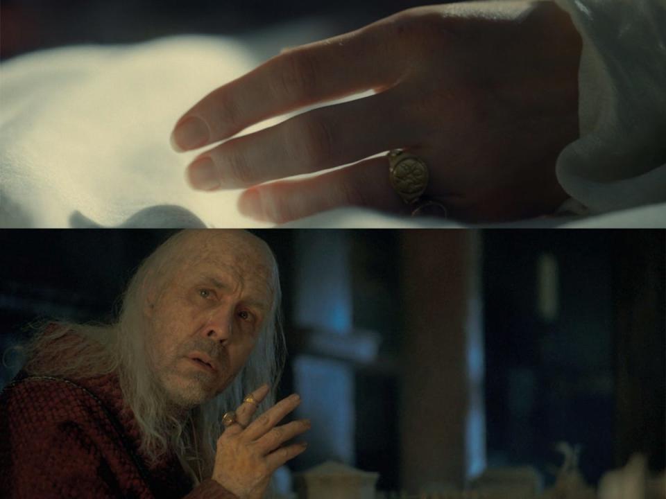 Two images, one of a gold ring on a woman's hand and another on the pointer finger of an old man.