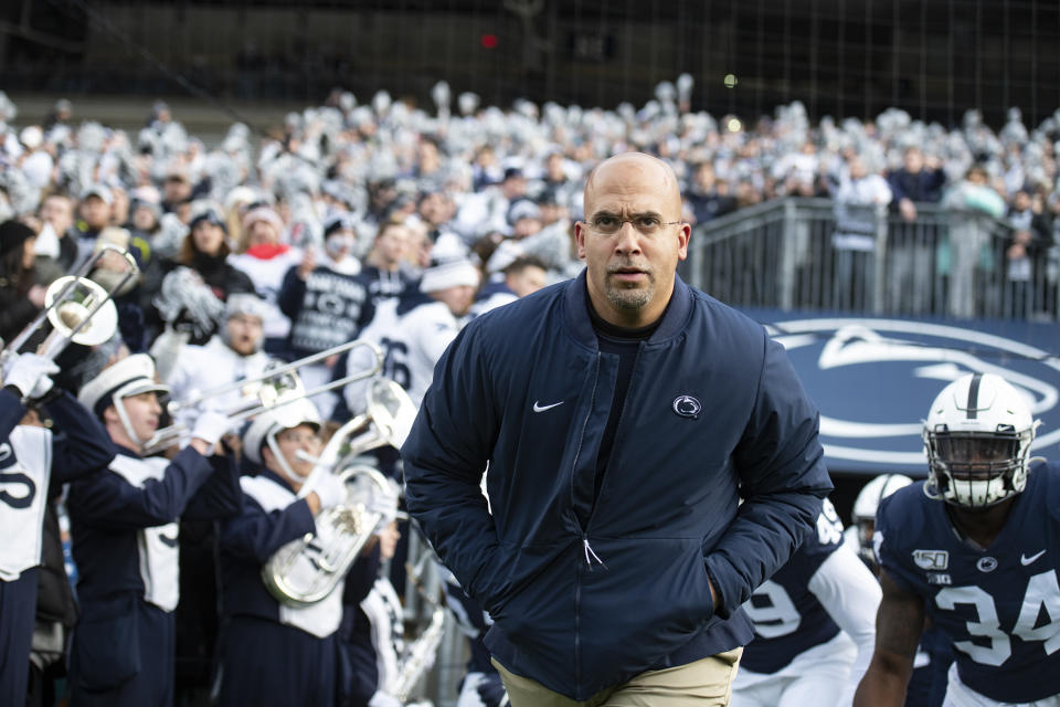 Penn State head coach James Franklin leads his team onto the field for an NCAA college football game against Rutgers in State College, Pa., on Saturday, Nov. 30, 2019. (AP Photo/Barry Reeger)