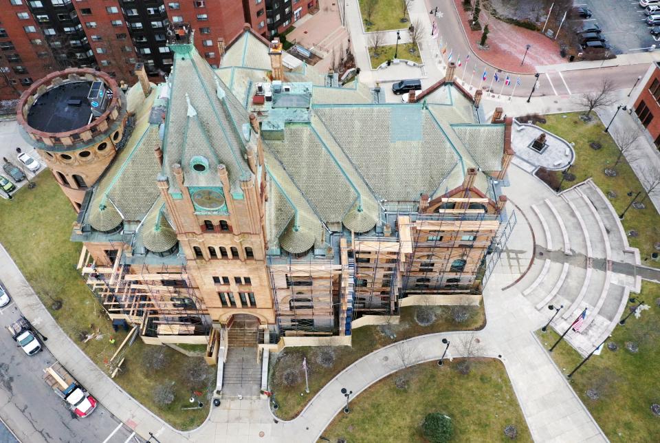 Scaffolding can be seen on Brockton City Hall on Tuesday, Feb. 6, 2024, in preparation for a $12.4 million renovation of the massive 19th-century showpiece using American Rescue Plan Act money.