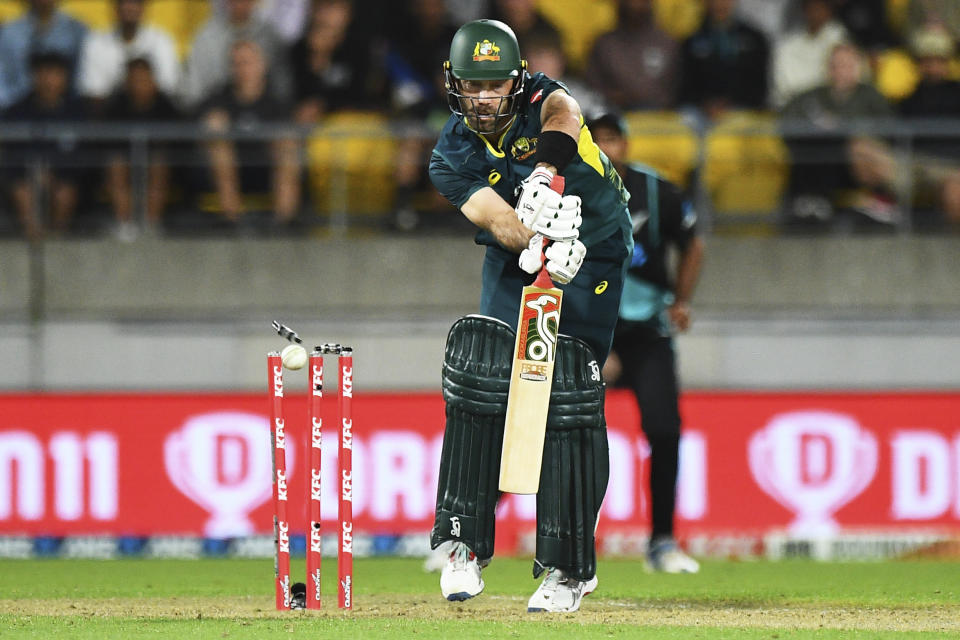 Australian player Glenn Maxwell is bowled by New Zealand's Lockie Ferguson during the T20 cricket international between Australia and New Zealand in Wellington, New Zealand, Wednesday, Feb. 21, 2024. (Chris Symes/Photosport via AP)