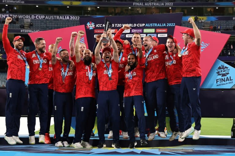 Champions: <a class="link " href="https://sports.yahoo.com/soccer/teams/england-women/" data-i13n="sec:content-canvas;subsec:anchor_text;elm:context_link" data-ylk="slk:England;sec:content-canvas;subsec:anchor_text;elm:context_link;itc:0">England</a> celebrate winning the Twenty20 World Cup in 2022 (Martin KEEP)