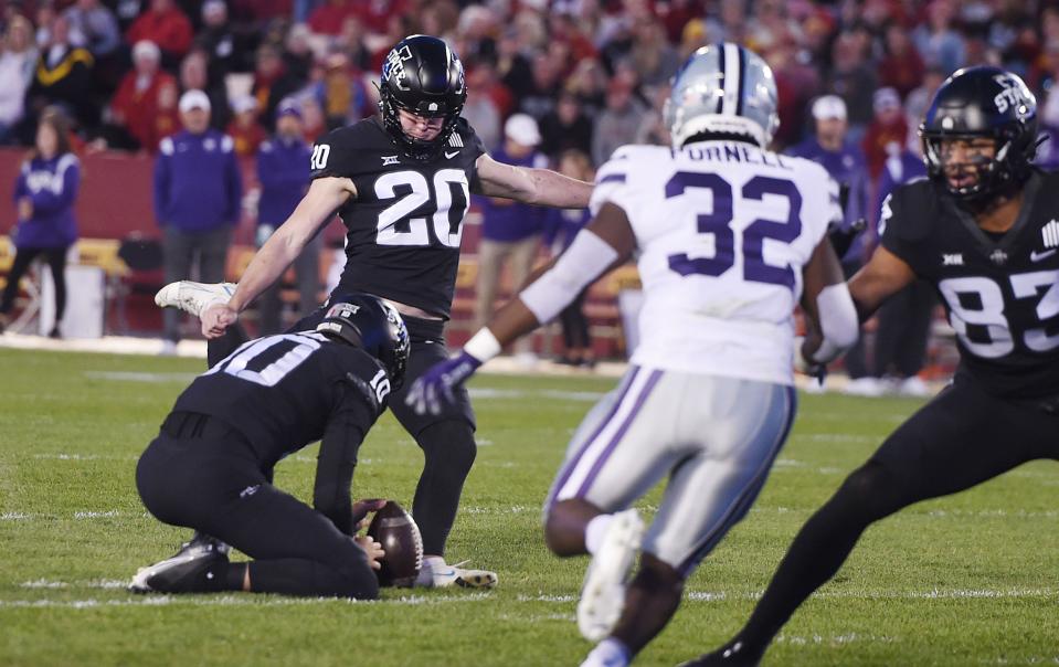 Iowa State kicker Jace Gilbert (20) kicks a field goal against Kansas State during the first quarter at Jack Trice Stadium on Saturday.