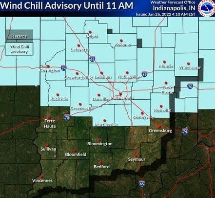 Wind chill values below zero has prompted an advisory until 11 a.m. across Central Indiana on Jan. 26, 2022.