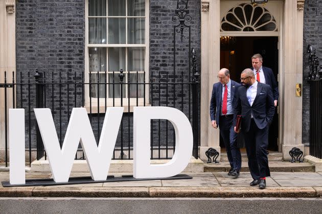 A sign for International Women's Day outside number 10 Downing Street on March 06, 2023 in London, England.