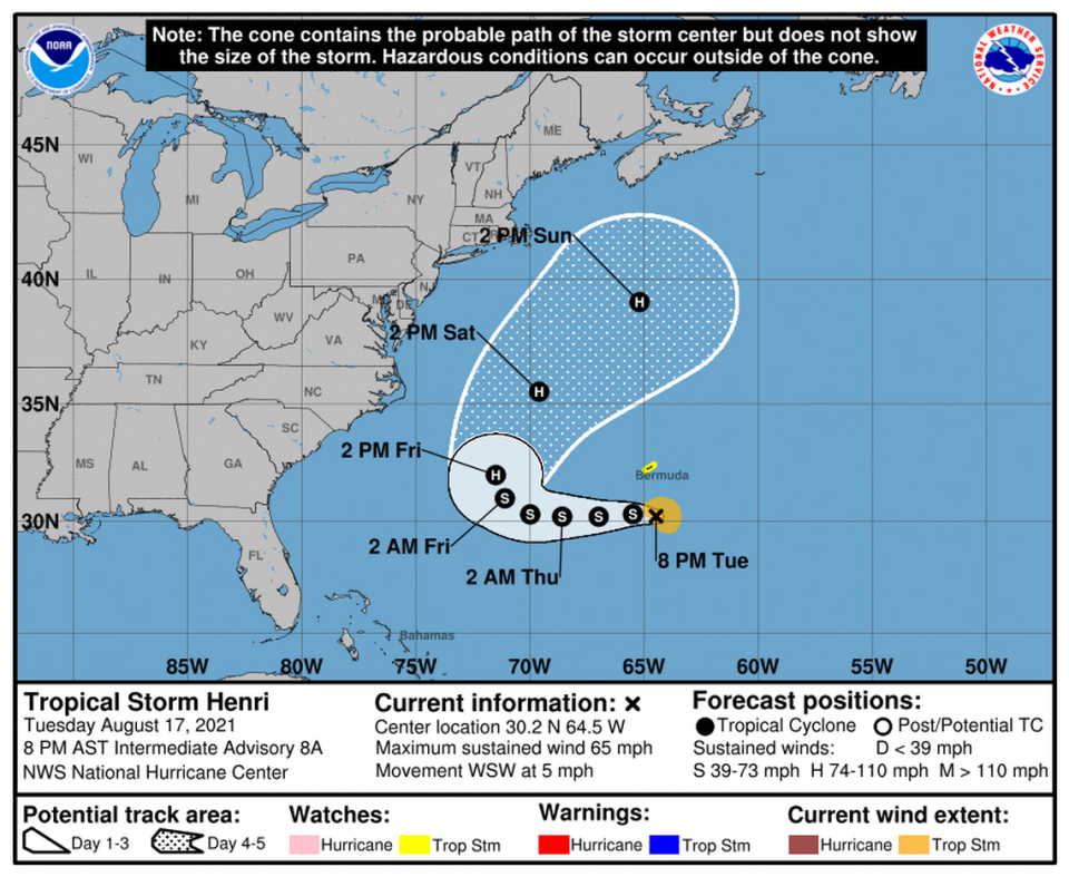 Tropical Storm Henri at 8 p.m. advisory on Tuesday, Aug. 17, 2021.