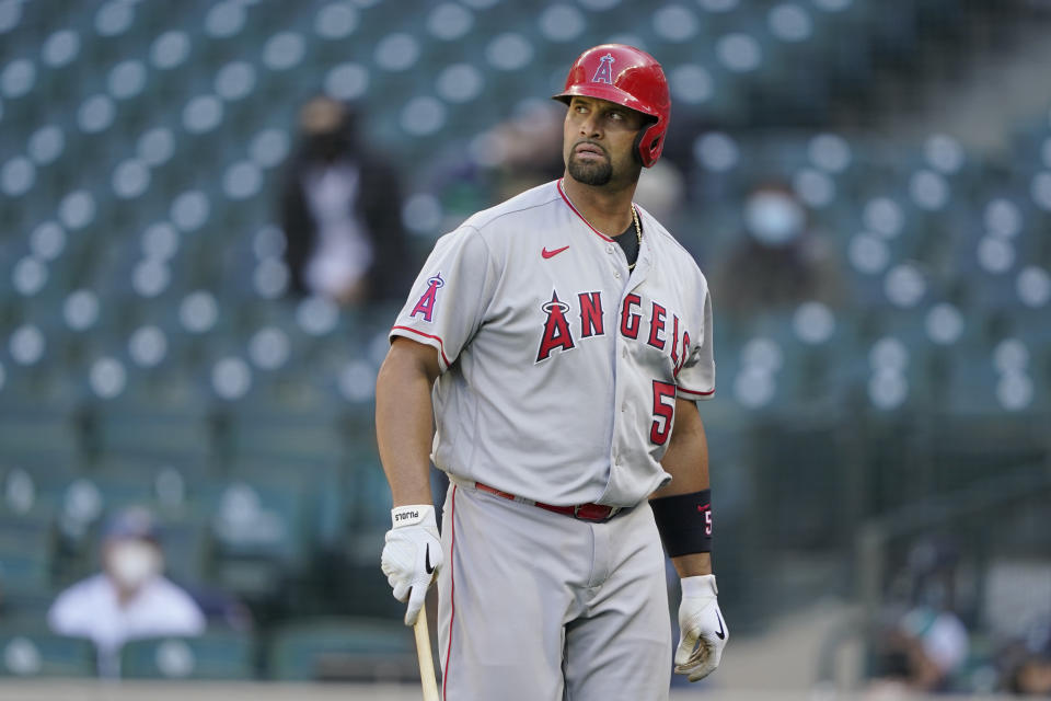 洛杉磯天使隊指定讓渡（DFA）準名人堂打者「生化人」Albert Pujols。（AP Photo/Ted S. Warren）