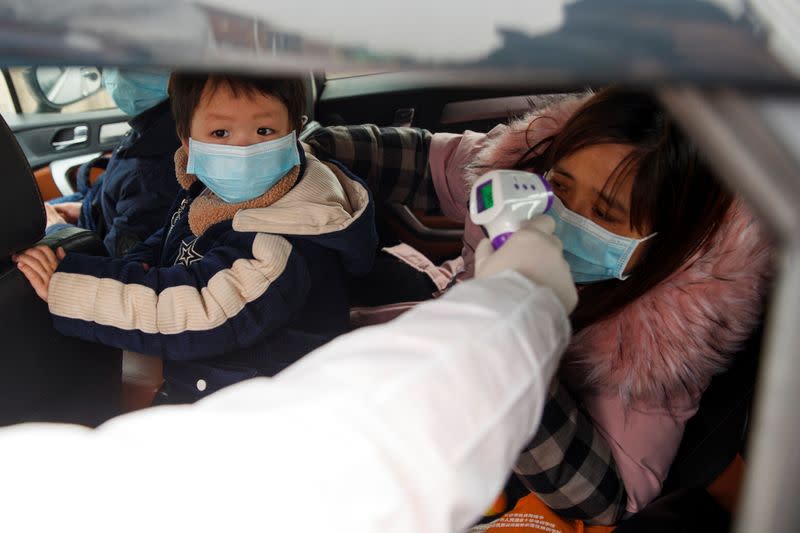 A medical worker in protective suit checks the body temperature of car passenger at a checkpoint outside the city of Yueyang