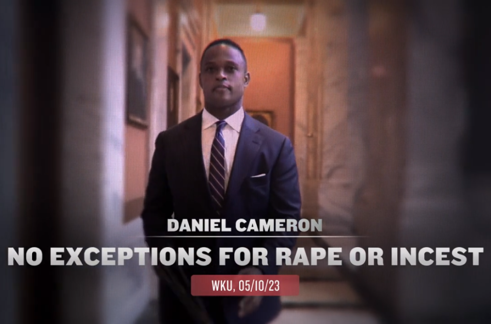 Screenshot from an Andy Beshear ad criticizing his Republican opponent Daniel Cameron for opposing a rape and incest exception to Kentucky's near-total abortion ban.
