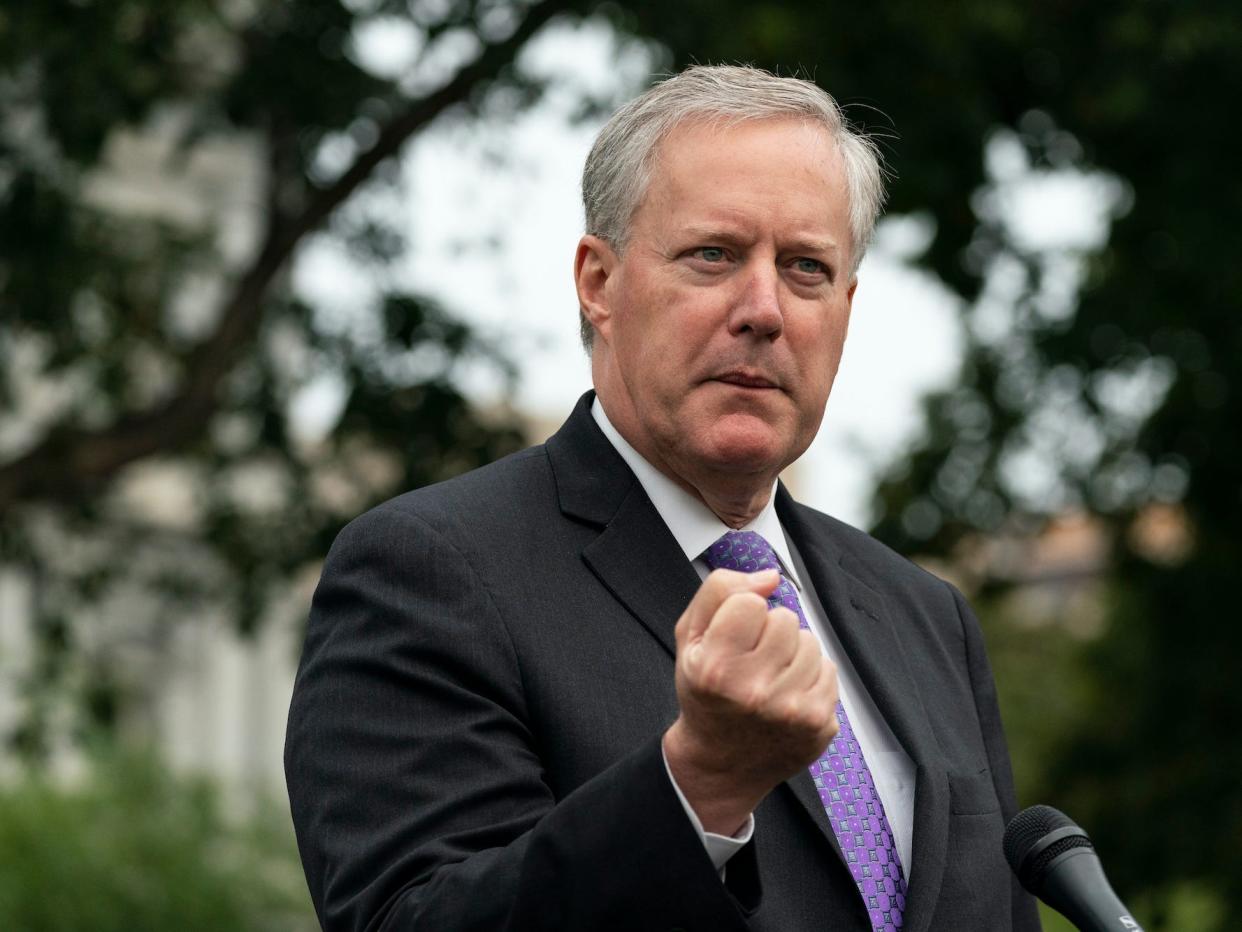 White House Chief of Staff Mark Meadows speaks with reporters at the White House, Thursday, Sept. 17, 2020, in Washington.