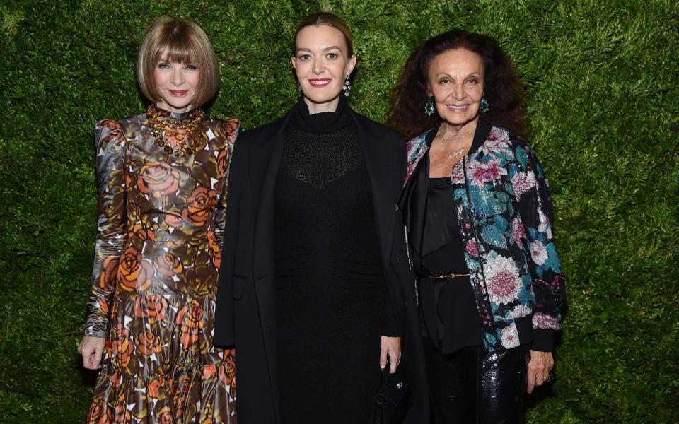 Marta Ortega (centre) with Vogue's Anna Wintour (left) and designer Diane von Furstenberg (right) at an event in New York in late 2019 