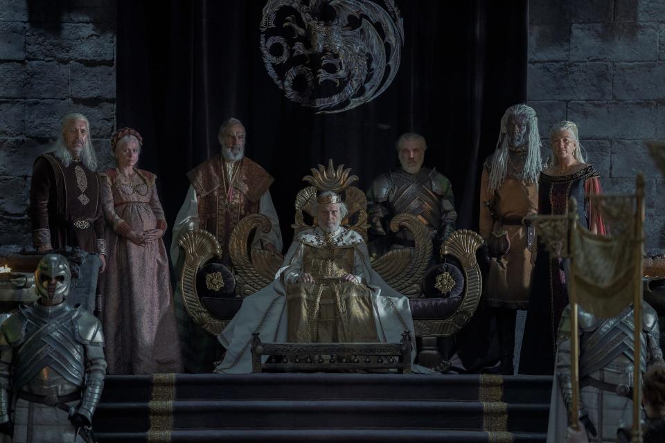 The Targaryen king calls a great council to choose his heir in this image from Episode 1 of "House of the Dragon." Paddy Considine, Sian Brooke, Michael Carter, Steve Toussaint, Eve Best, shown.