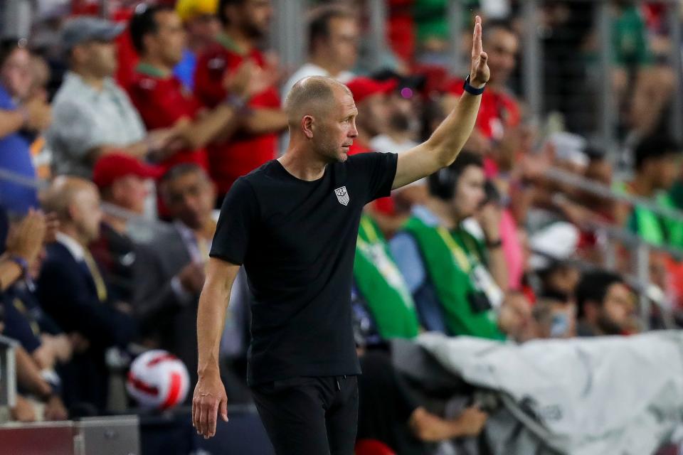 Jun 1, 2022; Cincinnati, Ohio, USA; United States head coach Gregg Berhalter signals to his team in the second half against Morocco during an International friendly soccer match at TQL Stadium. Mandatory Credit: Katie Stratman-USA TODAY Sports