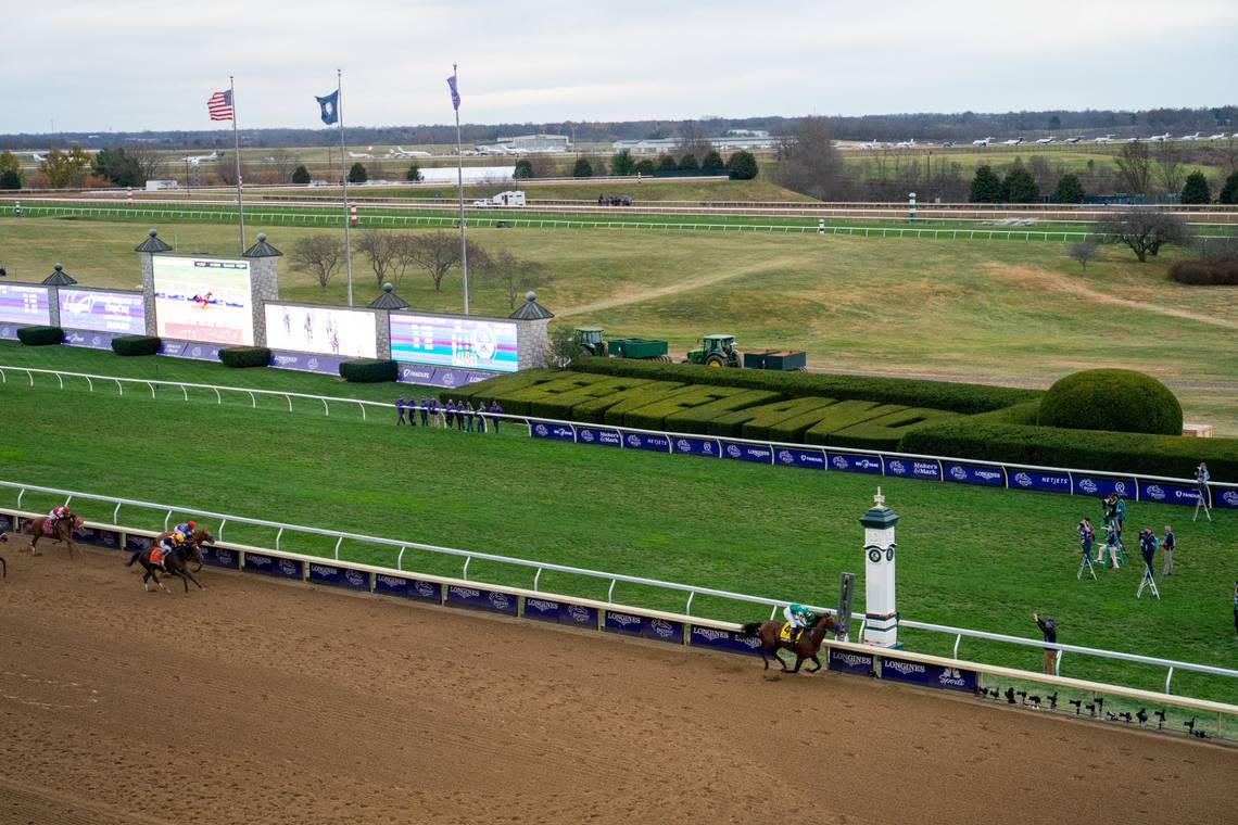 Flightline, with Flavien Prat up, wins the Breeders’ Cup Classic at Keeneland by 8 1/4 lengths, a record for the race.