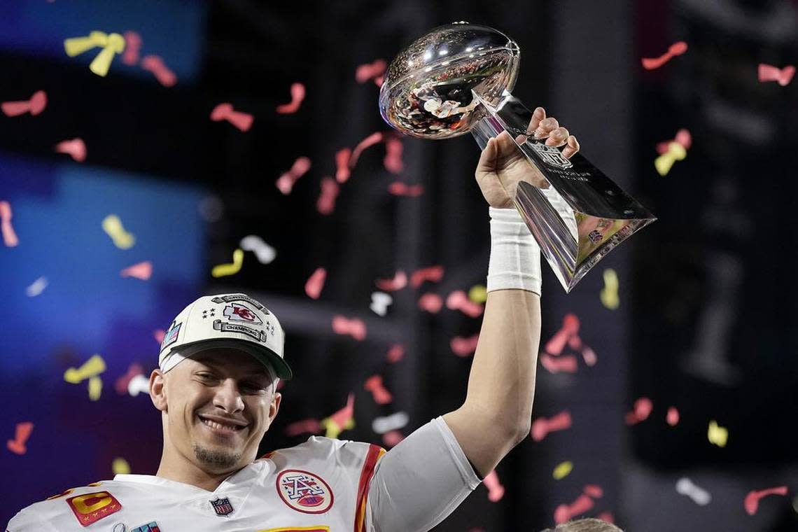 Kansas City Chiefs quarterback Patrick Mahomes (15) holds up the Vince Lombardi Trophy after beating the Philadelphia Eagles, 38-35, in Super Bowl 57 in Glendale, Arizona on Sunday, Feb. 12, 2023.