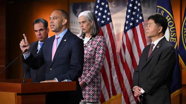 PHOTO: Hakeem Jeffries, with Katherine Clark (2nd R), Democratic Caucus Chairman Pete Aguilar (L) and Vice Chairman Ted Lieu (R), speaks following a meeting in the US Capitol in Washington, D.C., on May 31, 2023. (Mandel Ngan/AFP via Getty Images)