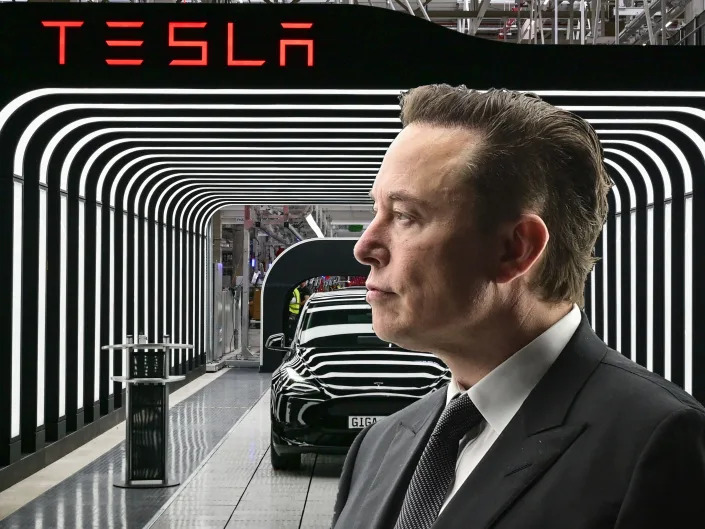 A collage of Elon Musk and a picture of a Tesla car and the logo.