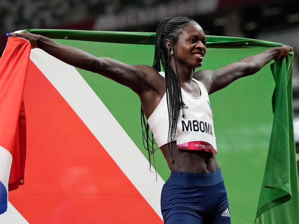 Namibia's Christine Mboma celebrates silver medal at Tokyo 2020.