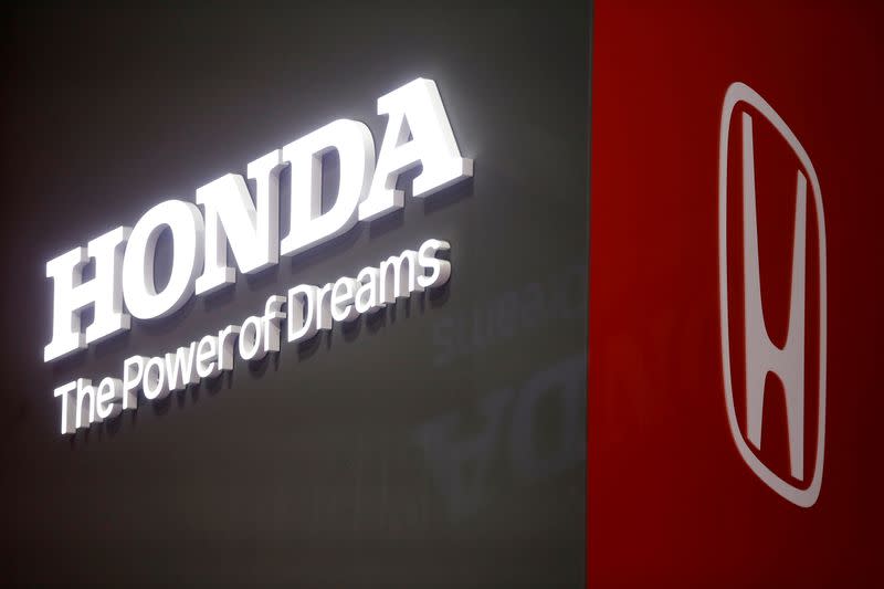 FILE PHOTO: The Honda logo displayed at the 89th Geneva International Motor Show in Geneva