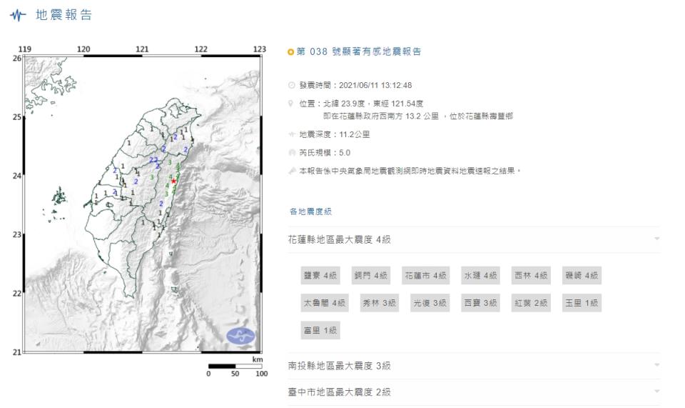 花蓮縣於今日13:12發生有感地震。（圖／翻攝自中央氣象局）