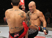 BELO HORIZONTE, BRAZIL - JUNE 23: (L-R) Wagner "Galeto" Campos kicks Marcos Vinicius "Vina" during their UFC 147 featherweight bout at Estadio Jornalista Felipe Drummond on June 23, 2012 in Belo Horizonte, Brazil.