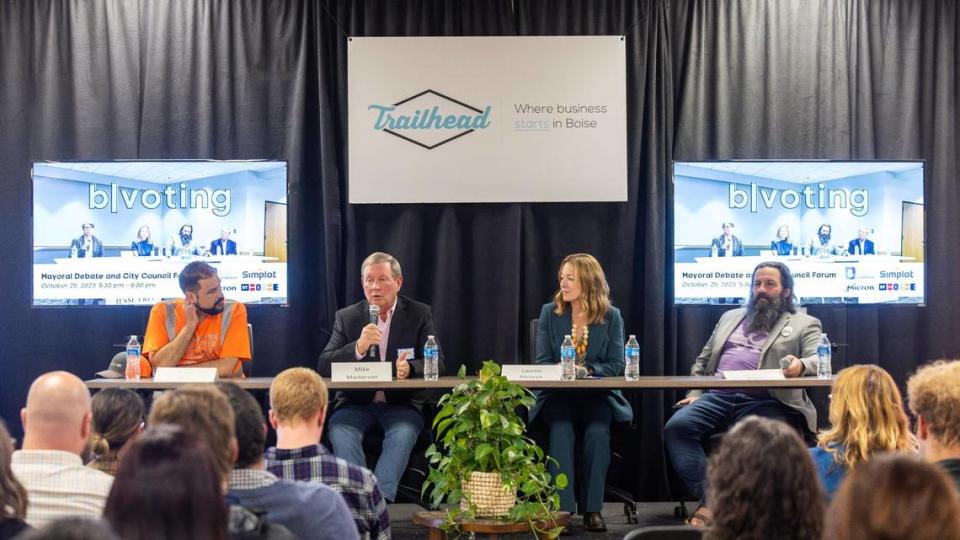 Candidates at Wednesday’s Trailhead debate, from left: Aaron Reis, Masterson, McLean and Joseph Evans.