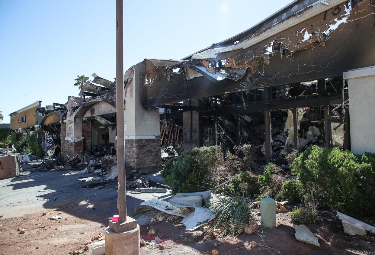 A building in the Plaza De Monterey Shopping Center was destroyed by fire in the early morning of April 15 in Palm Desert. Four local businesses, including Papa Dan's Pizza & Pasta, D’ Coffee Bouteaque, Reverse Mortgage Works and Miracle-Ear Hearing Aid Center, were destroyed.