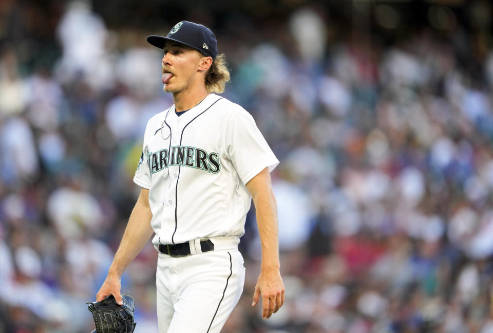 Seattle Mariners starting pitcher Bryce Miller reacts after pitching during the fourth inning of a baseball game against the Boston Red Sox, in which they scored three runs, Tuesday, Aug. 1, 2023, in Seattle. (AP Photo/Lindsey Wasson)