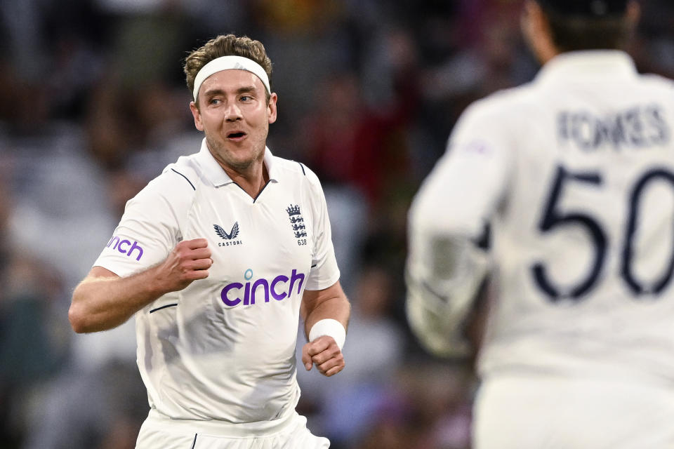 England's Stuart Broad celebrates taking the wicket of New Zealand's Kane Williamson on the third day of their cricket test match in Tauranga, New Zealand, Saturday, Feb. 18, 2023. (Andrew Cornaga/Photosport via AP)