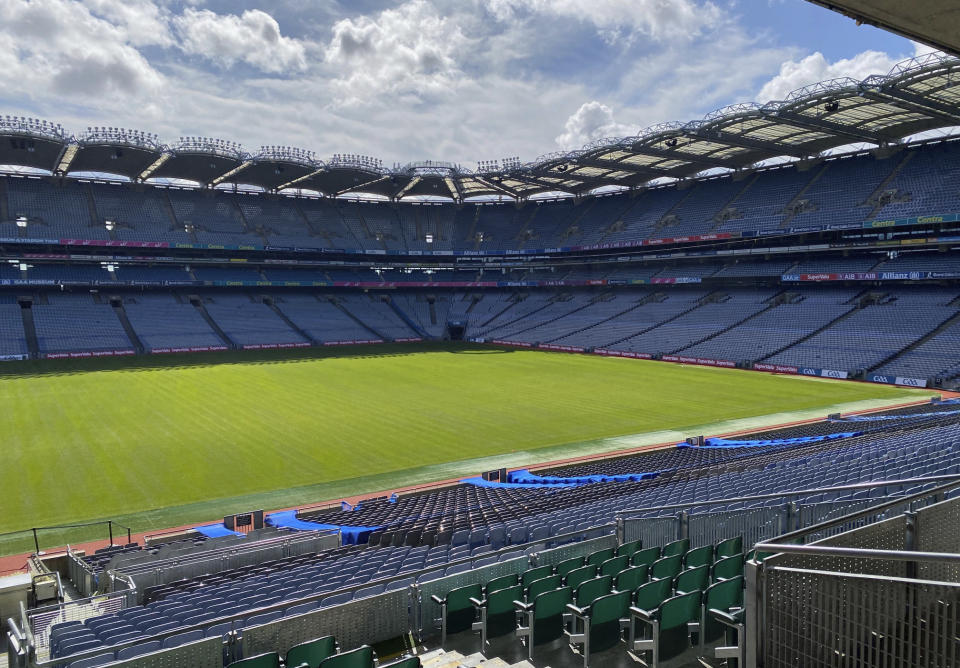 A view from inside Croke Park in Dublin, Ireland, Thursday, Aug. 24, 2023. It's the home of the Gaelic Athletic Association which has teamed up with the Pittsburgh Steelers as the NFL team tries to expand its fan base in Ireland. The Steelers played a preseason game in Croke Park in 1997 and might stage a regular-season game there in the future. (AP Photo/Ken Maguire)